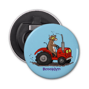 Cute happy cow driving a red tractor cartoon bottle opener