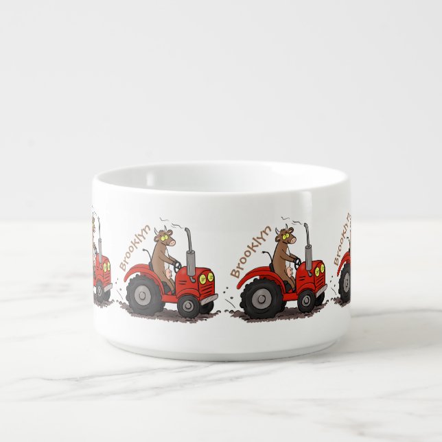 Cute happy cow driving a red tractor cartoon bowl (Center)