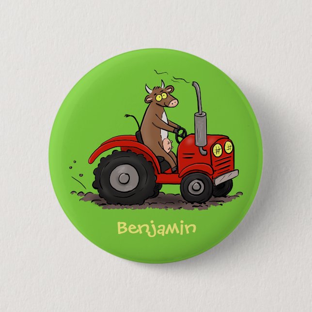 Cute happy cow driving a red tractor cartoon button (Front)