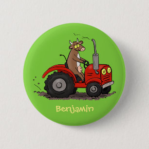Cute happy cow driving a red tractor cartoon button