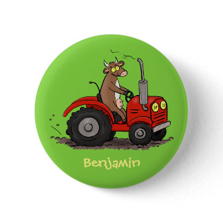 Cute happy cow driving a red tractor cartoon button