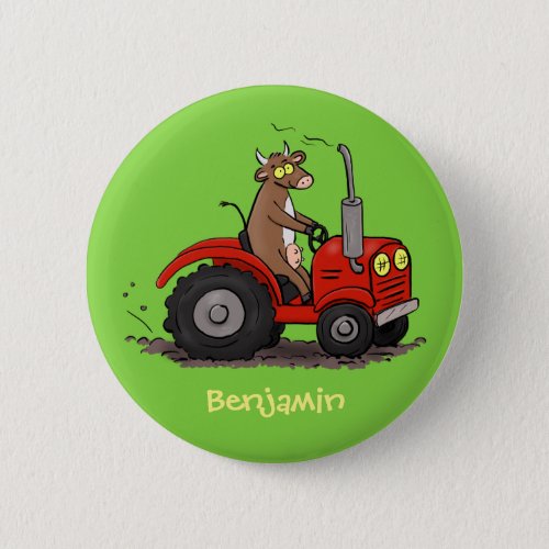 Cute happy cow driving a red tractor cartoon button