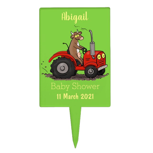 Cute happy cow driving a red tractor cartoon cake topper (Front)