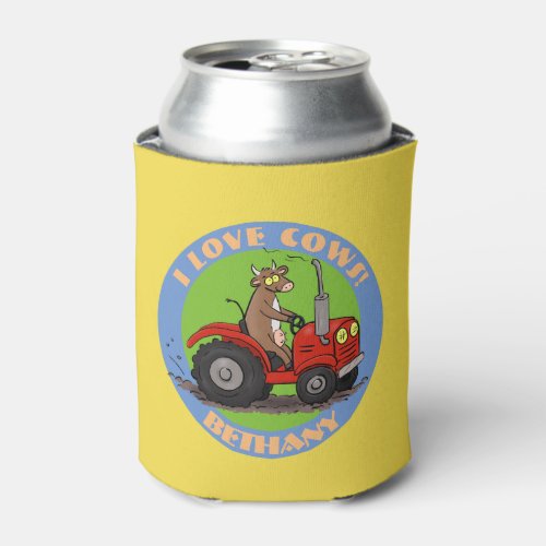 Cute happy cow driving a red tractor cartoon can cooler