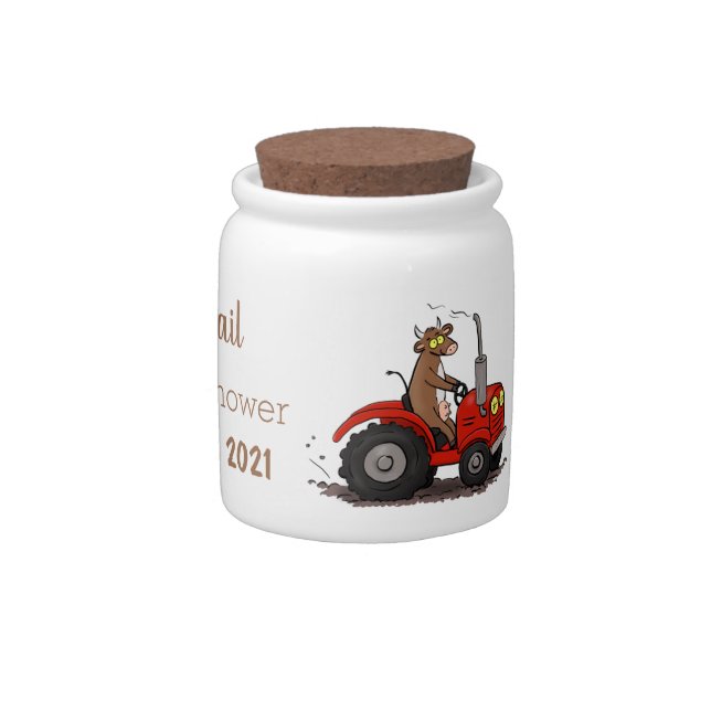Cute happy cow driving a red tractor cartoon candy jar (Right)