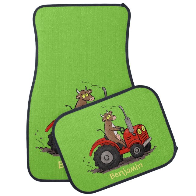 Cute happy cow driving a red tractor cartoon  car floor mat (Set)