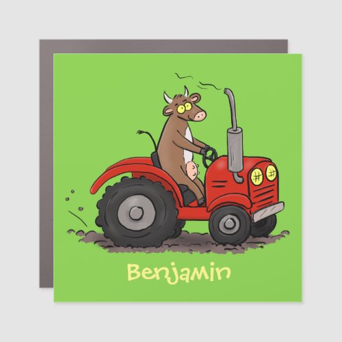Cute happy cow driving a red tractor cartoon car magnet