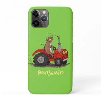 Cute happy cow driving a red tractor cartoon iPhone 11 pro case