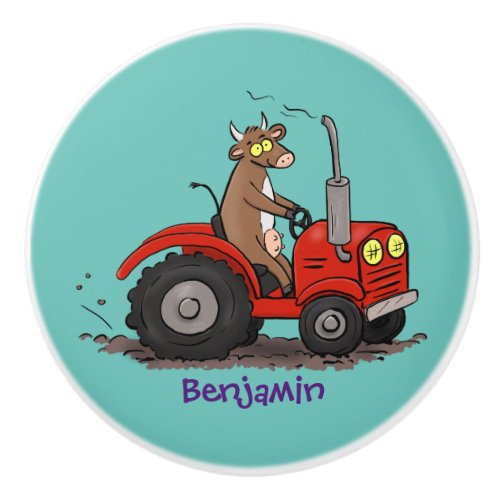 Cute happy cow driving a red tractor cartoon ceramic knob