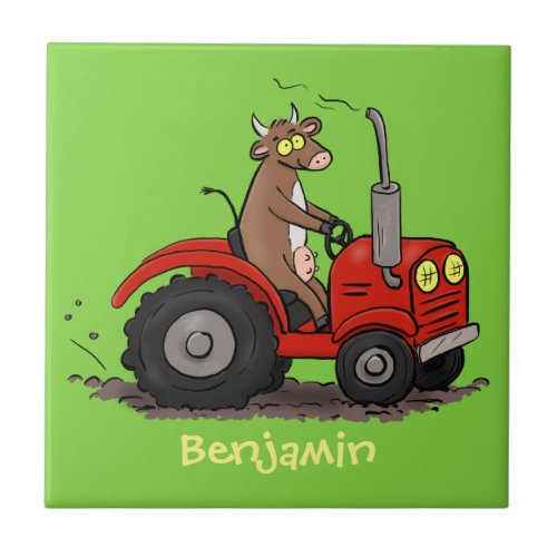 Cute happy cow driving a red tractor cartoon ceramic tile