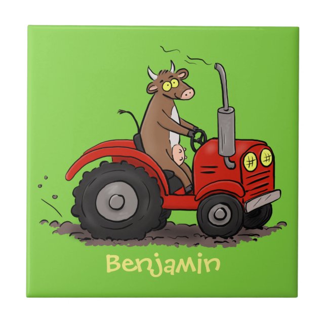 Cute happy cow driving a red tractor cartoon ceramic tile (Front)