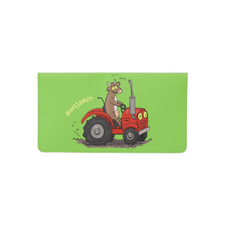 Cute happy cow driving a red tractor cartoon checkbook cover