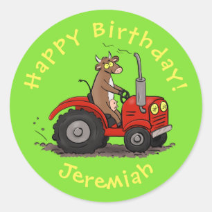 Cute happy cow driving a red tractor cartoon classic round sticker