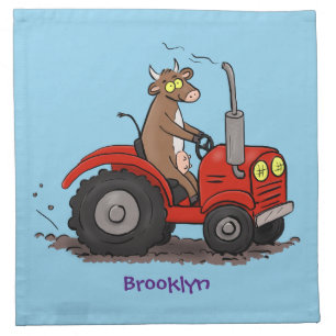 Cute happy cow driving a red tractor cartoon cloth napkin