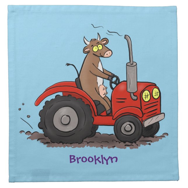 Cute happy cow driving a red tractor cartoon cloth napkin (Front)