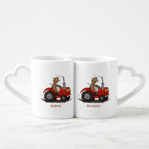 Cute happy cow driving a red tractor cartoon coffee mug set