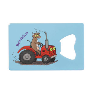 Cute happy cow driving a red tractor cartoon credit card bottle opener