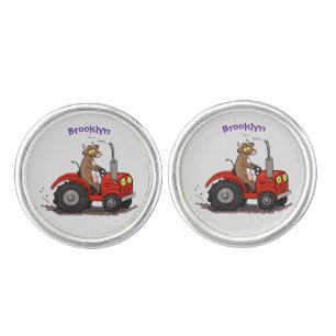 Cute happy cow driving a red tractor cartoon cufflinks