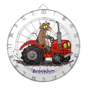 Cute happy cow driving a red tractor cartoon dart board