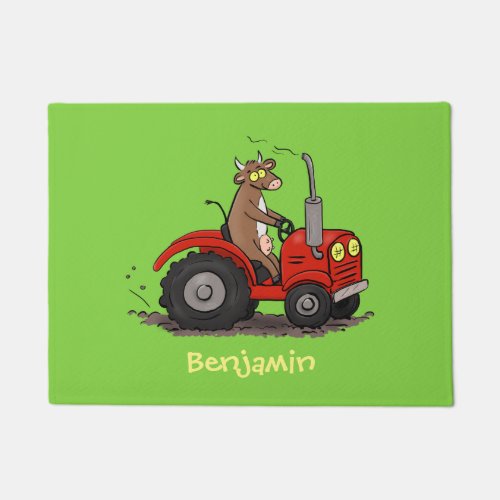 Cute happy cow driving a red tractor cartoon doormat