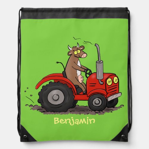 Cute happy cow driving a red tractor cartoon drawstring bag