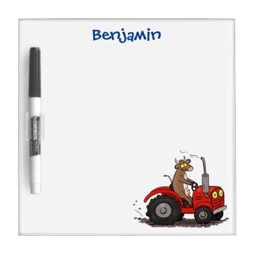 Cute happy cow driving a red tractor cartoon dry erase board