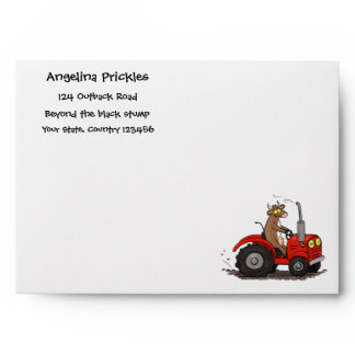 Cute happy cow driving a red tractor cartoon envelope