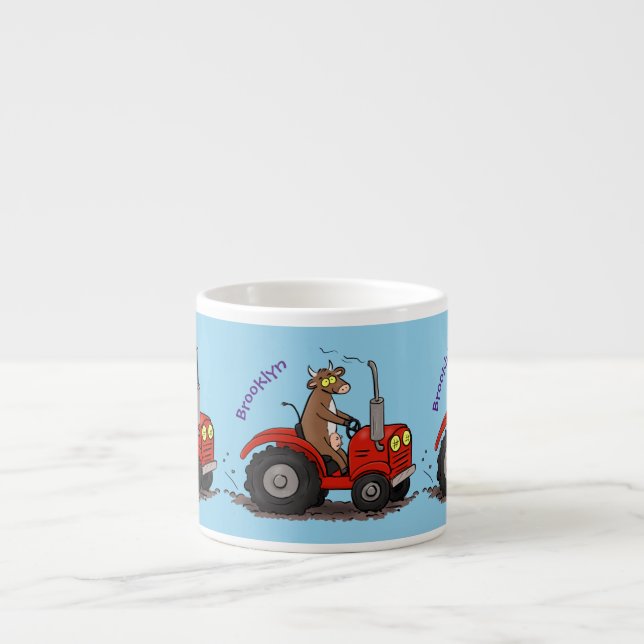 Cute happy cow driving a red tractor cartoon espresso cup (Front)