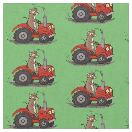 Cute happy cow driving a red tractor cartoon fabric
