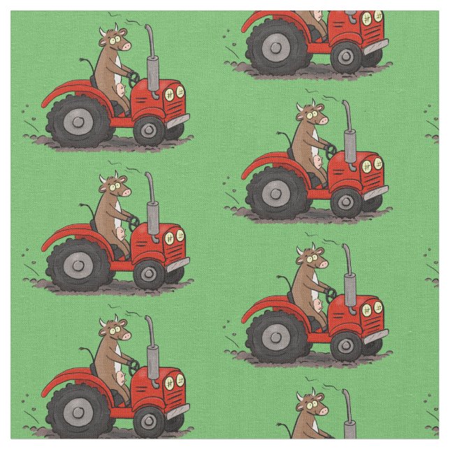 Cute happy cow driving a red tractor cartoon fabric (Close Up)