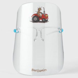 Cute happy cow driving a red tractor cartoon face shield