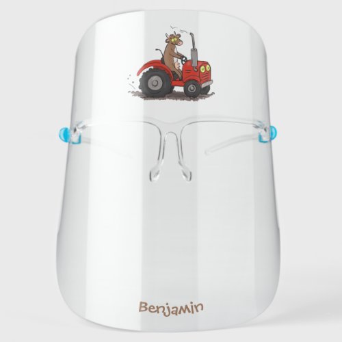 Cute happy cow driving a red tractor cartoon  face shield