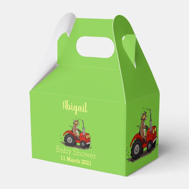 Cute happy cow driving a red tractor cartoon favor boxes (Front Side)