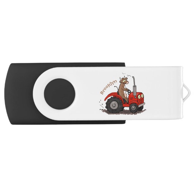 Cute happy cow driving a red tractor cartoon flash drive (Front)
