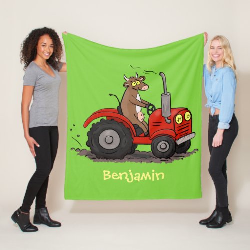 Cute happy cow driving a red tractor cartoon fleece blanket