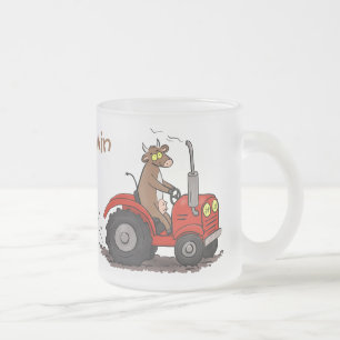 Cute happy cow driving a red tractor cartoon frosted glass coffee mug