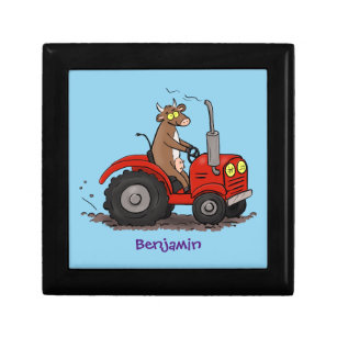 Cute happy cow driving a red tractor cartoon gift box