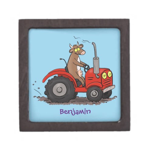 Cute happy cow driving a red tractor cartoon gift box