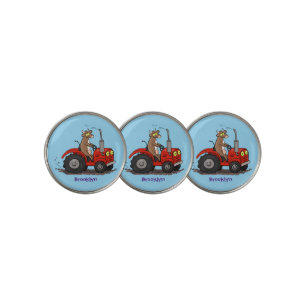 Cute happy cow driving a red tractor cartoon golf ball marker