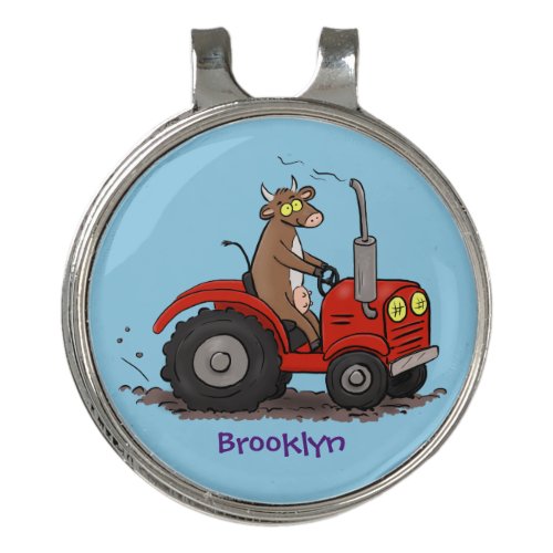 Cute happy cow driving a red tractor cartoon golf hat clip