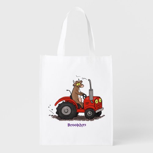 Cute happy cow driving a red tractor cartoon grocery bag