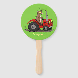 Cute happy cow driving a red tractor cartoon hand fan