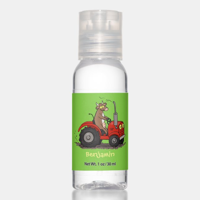 Cute happy cow driving a red tractor cartoon hand sanitizer (Front)