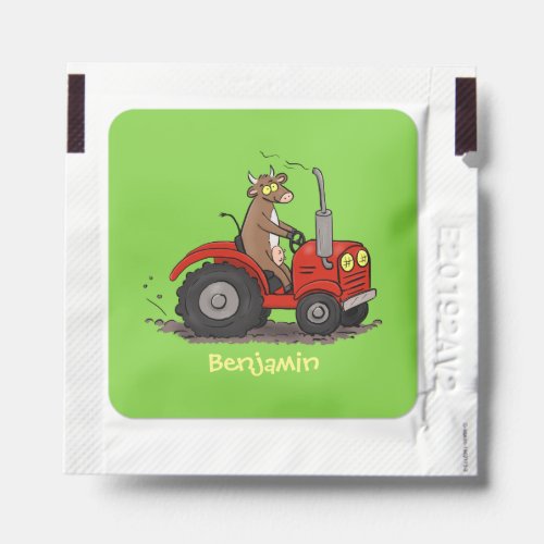 Cute happy cow driving a red tractor cartoon hand sanitizer packet