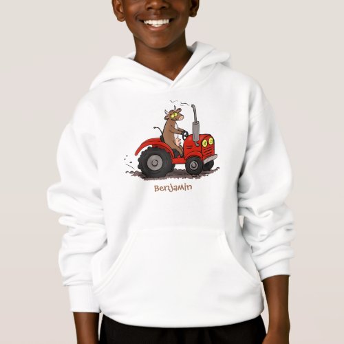 Cute happy cow driving a red tractor cartoon hoodie