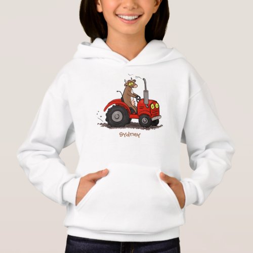 Cute happy cow driving a red tractor cartoon hoodie