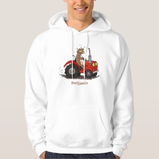 Cute happy cow driving a red tractor cartoon