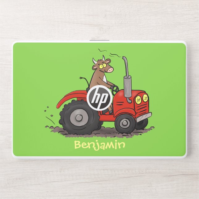 Cute happy cow driving a red tractor cartoon HP laptop skin (Front)