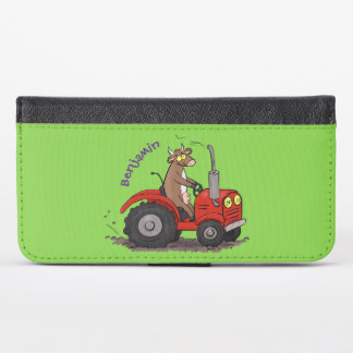 Cute happy cow driving a red tractor cartoon iPhone x wallet case