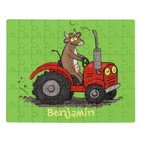 Cute happy cow driving a red tractor cartoon jigsaw puzzle